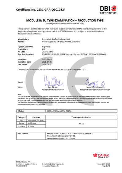 igt gas regulator dbi certificate