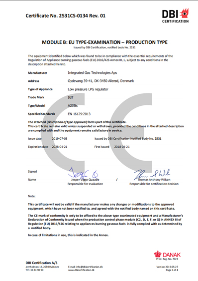 igt low pressure gas regulator dbi certificate